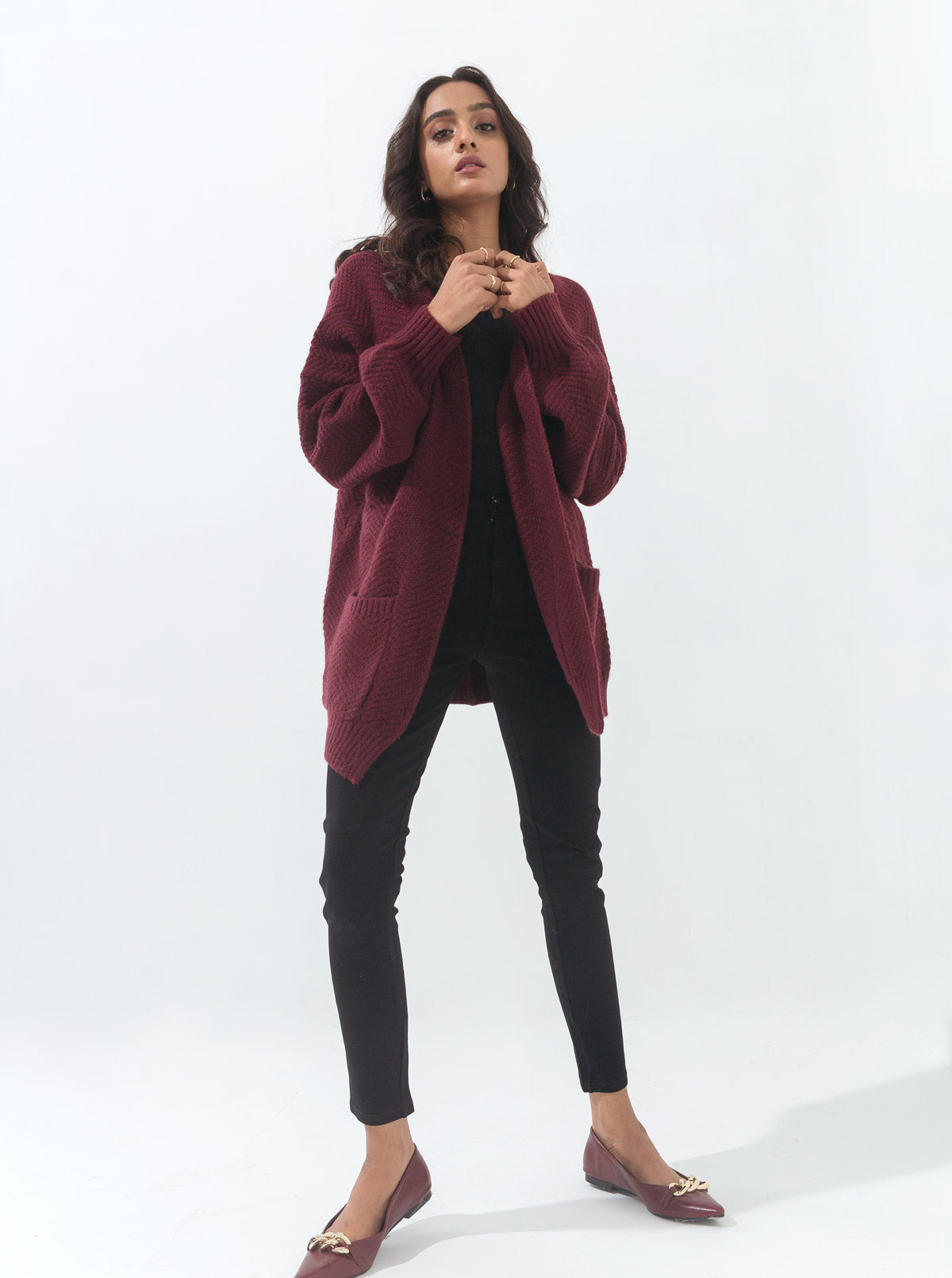 Maroon Herringbone Knit Pocket Shrug