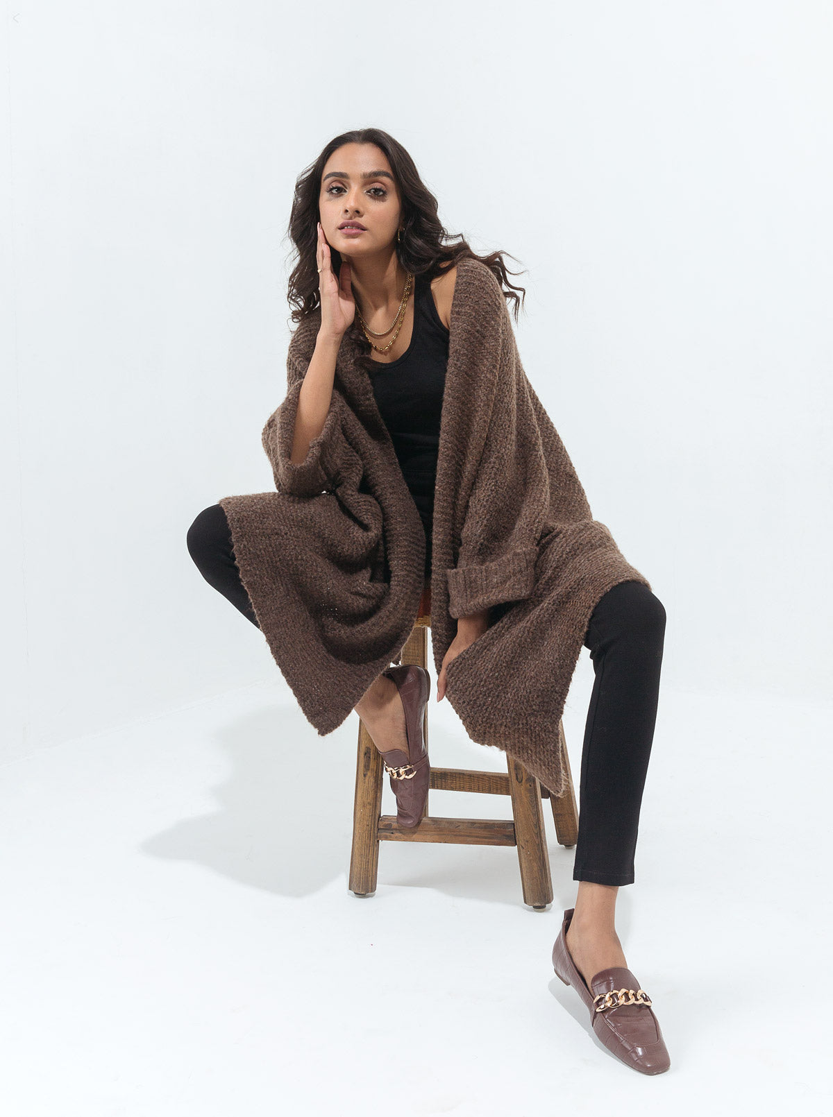Brown Boxy Textured Knit Shrug