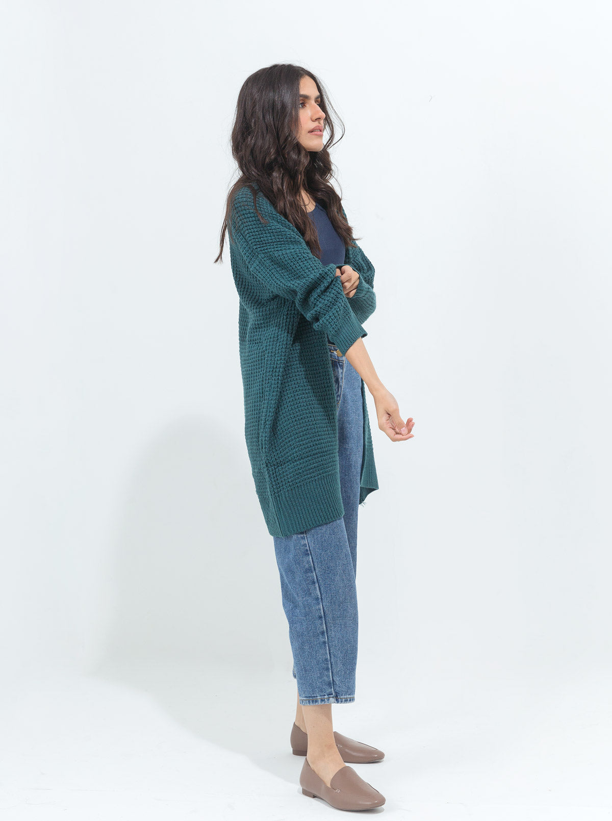 Teal Blue Waffle Knit Long Shrug