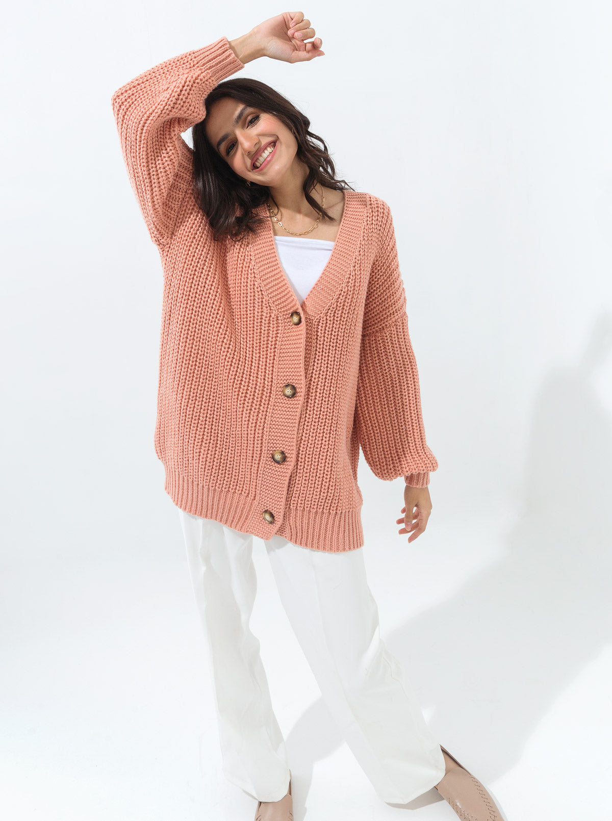 Blush Pink Oversized V-Neck Cardigan