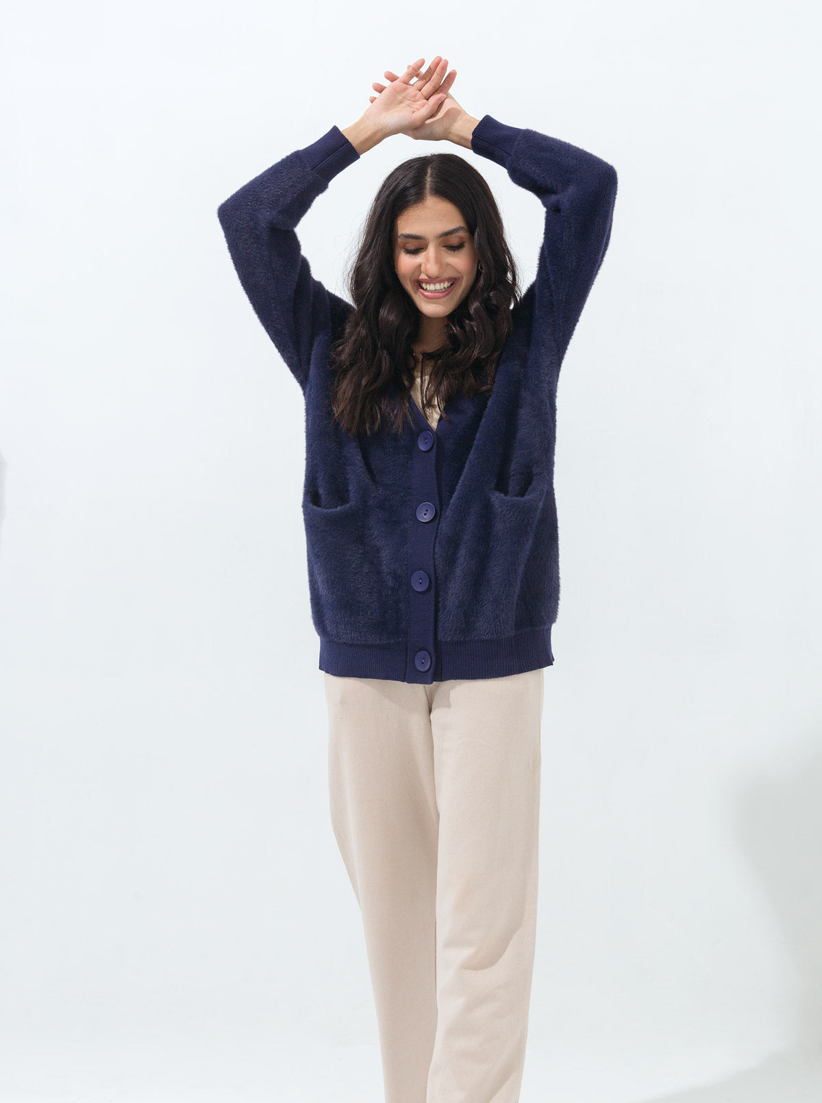 Navy Blue Oversized Fuzzy Cardigan