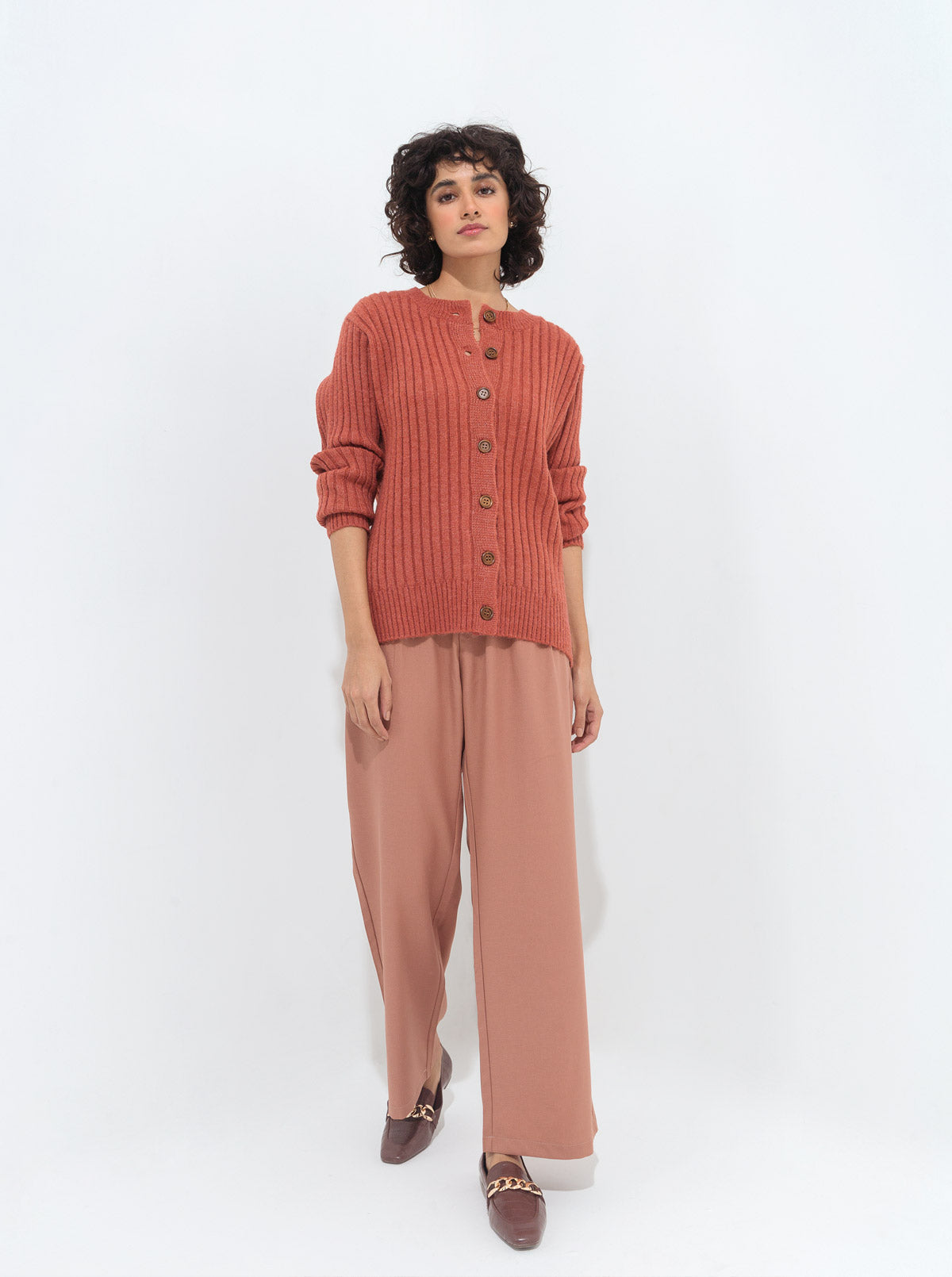 Dark Coral Ribbed Cardigan