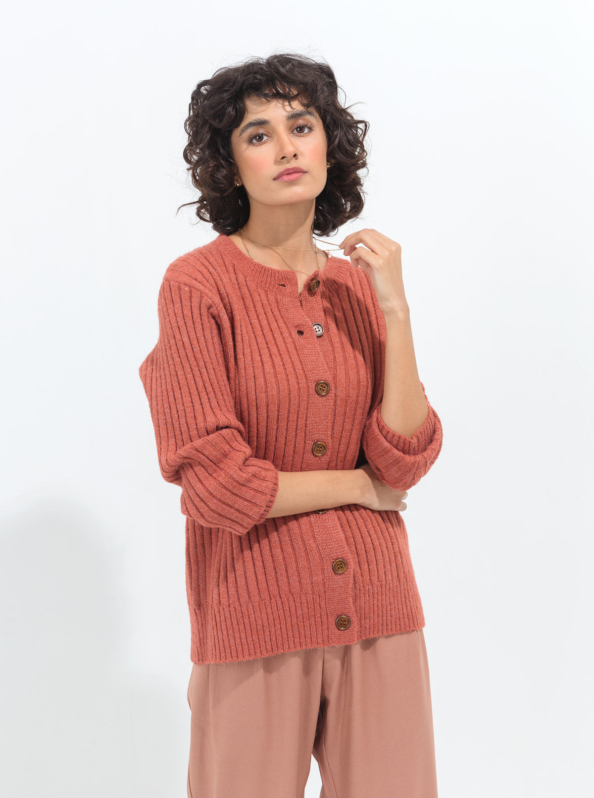 Dark Coral Ribbed Cardigan