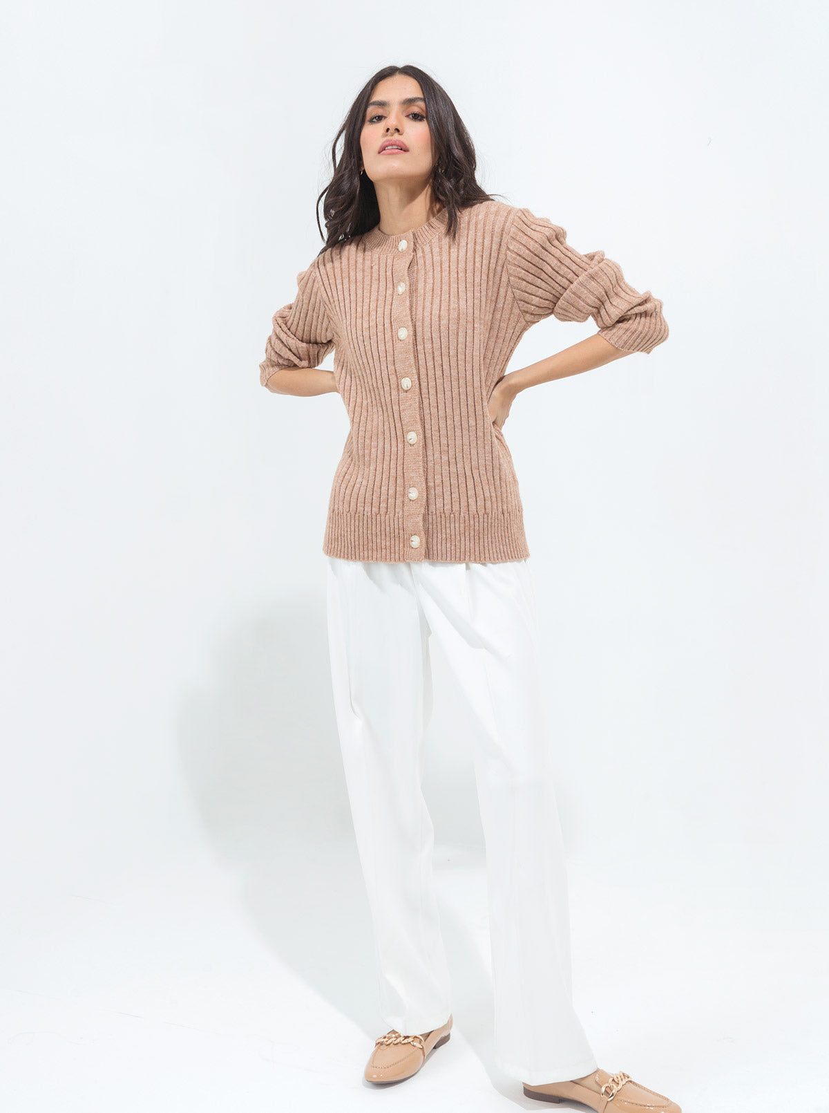 Light Brown Heather Ribbed Cardigan