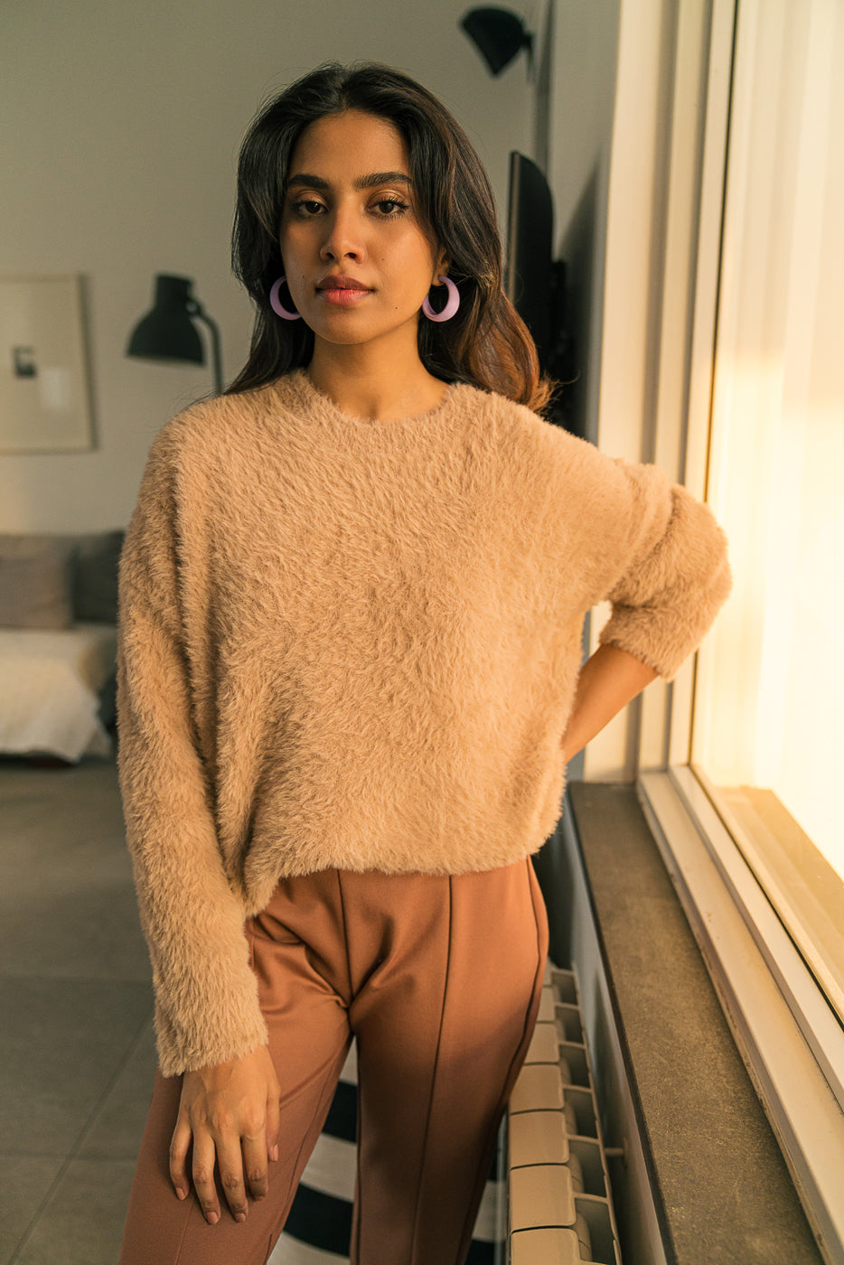 Beige Fuzzy Knit Pullover