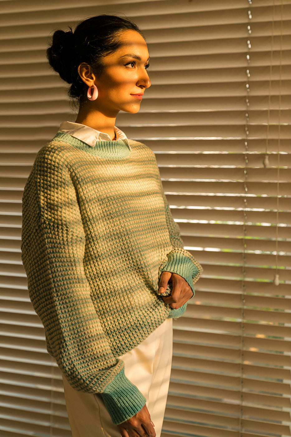 Green Mixed Yarn Pullover Sweater