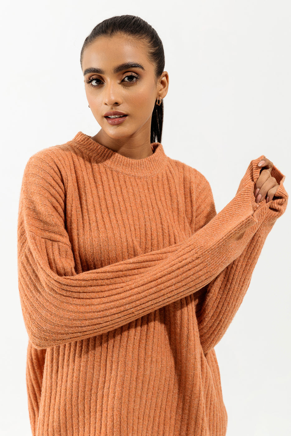 Orange Rib Knit Pullover Sweater