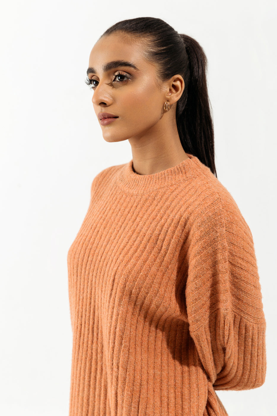 Orange Rib Knit Pullover Sweater
