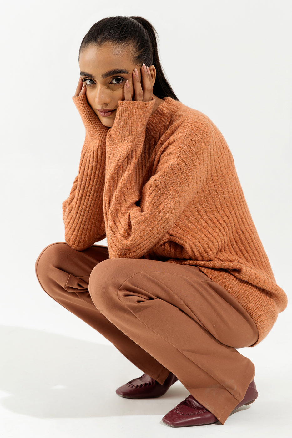 Orange Rib Knit Pullover Sweater