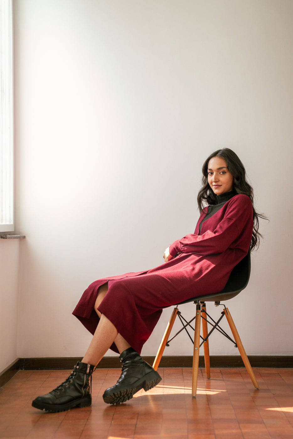 Maroon Long Buttoned Cardigan