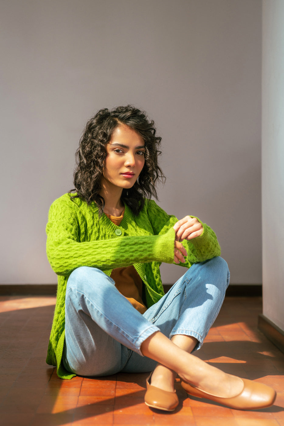 Green Honeycomb Knit Cardigan
