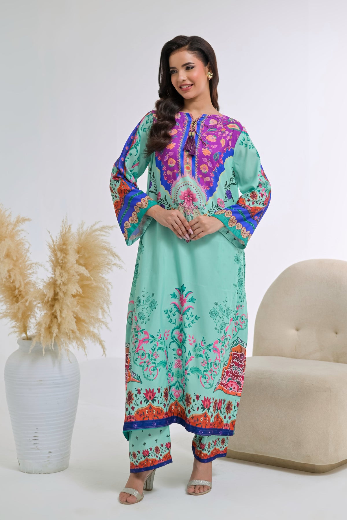 Poshkari Luxury Blended Raw Silk Embroidered 2Pc Stitched Kaftan Suit PA - 0068