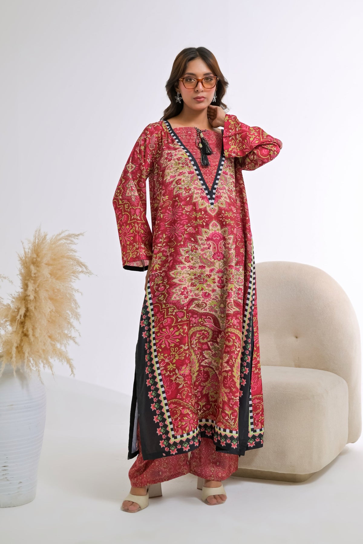 Poshkari Luxury Blended Raw Silk Embroidered 2Pc Stitched Kaftan Suit PA - 0071