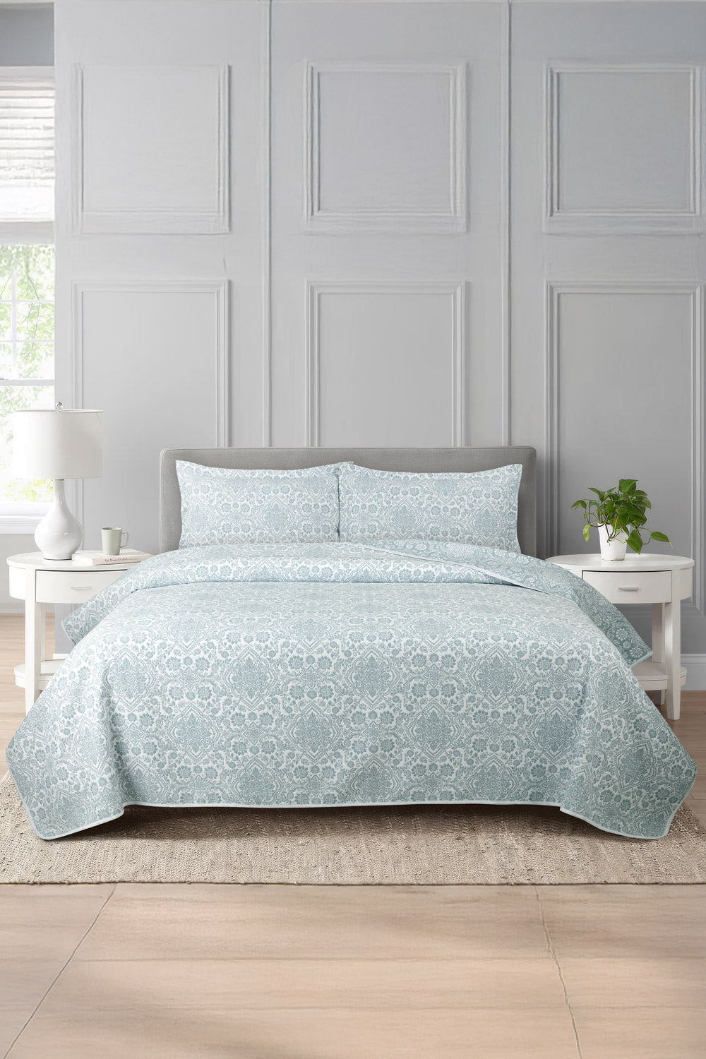 Blue Tile Multi Layer Jacquard Bed Spread Set