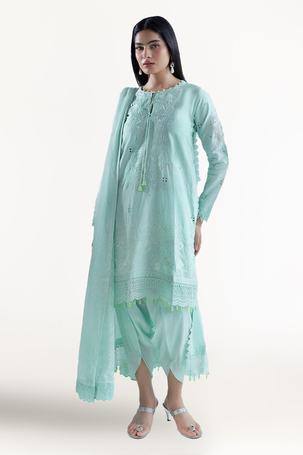 3 Piece Embroidered Lawn Suit with Borders, Bunches and Silk Dupatta
