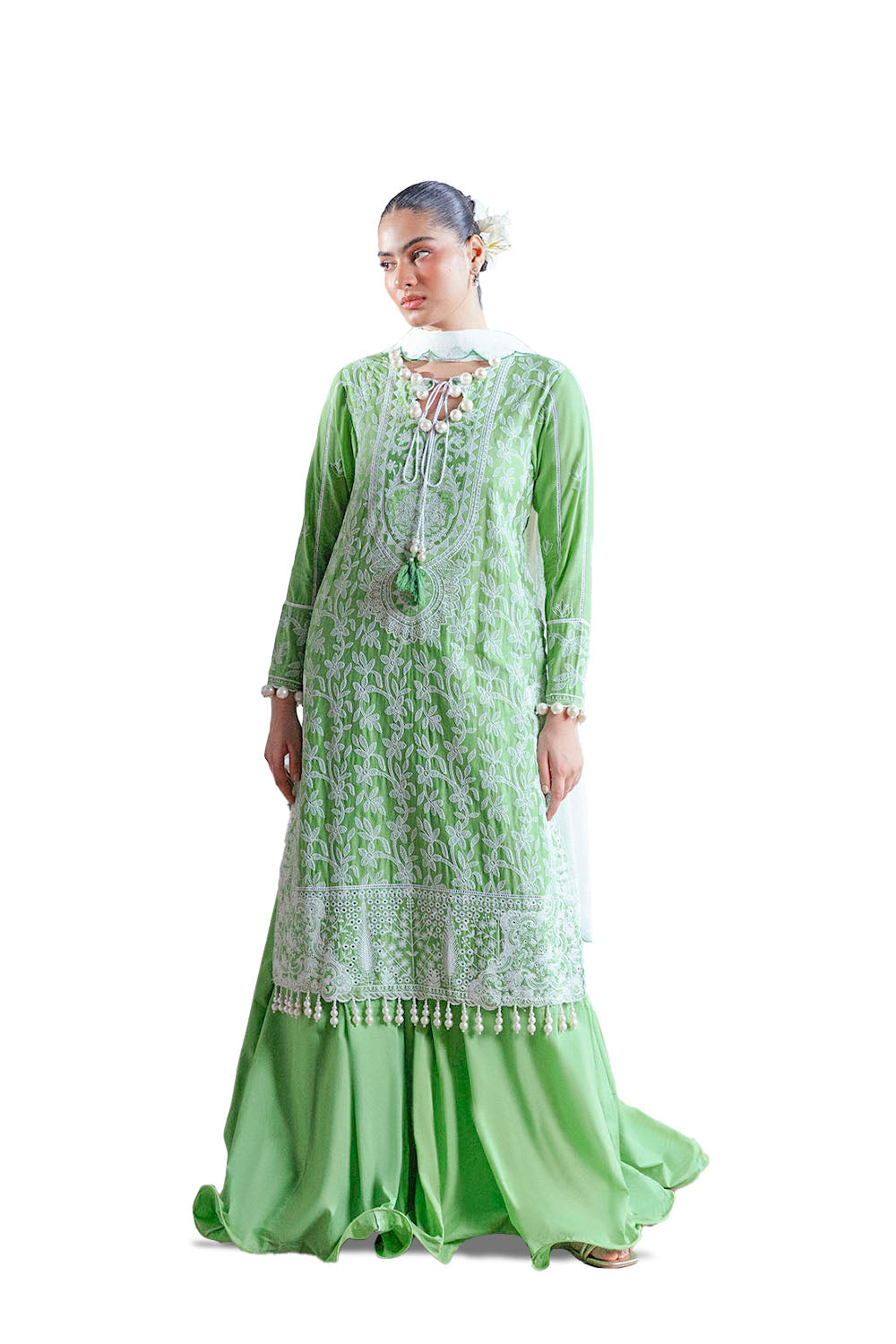 3 Piece Embroidered Lawn Suit with Neckline, Bunches and Silk Dupatta