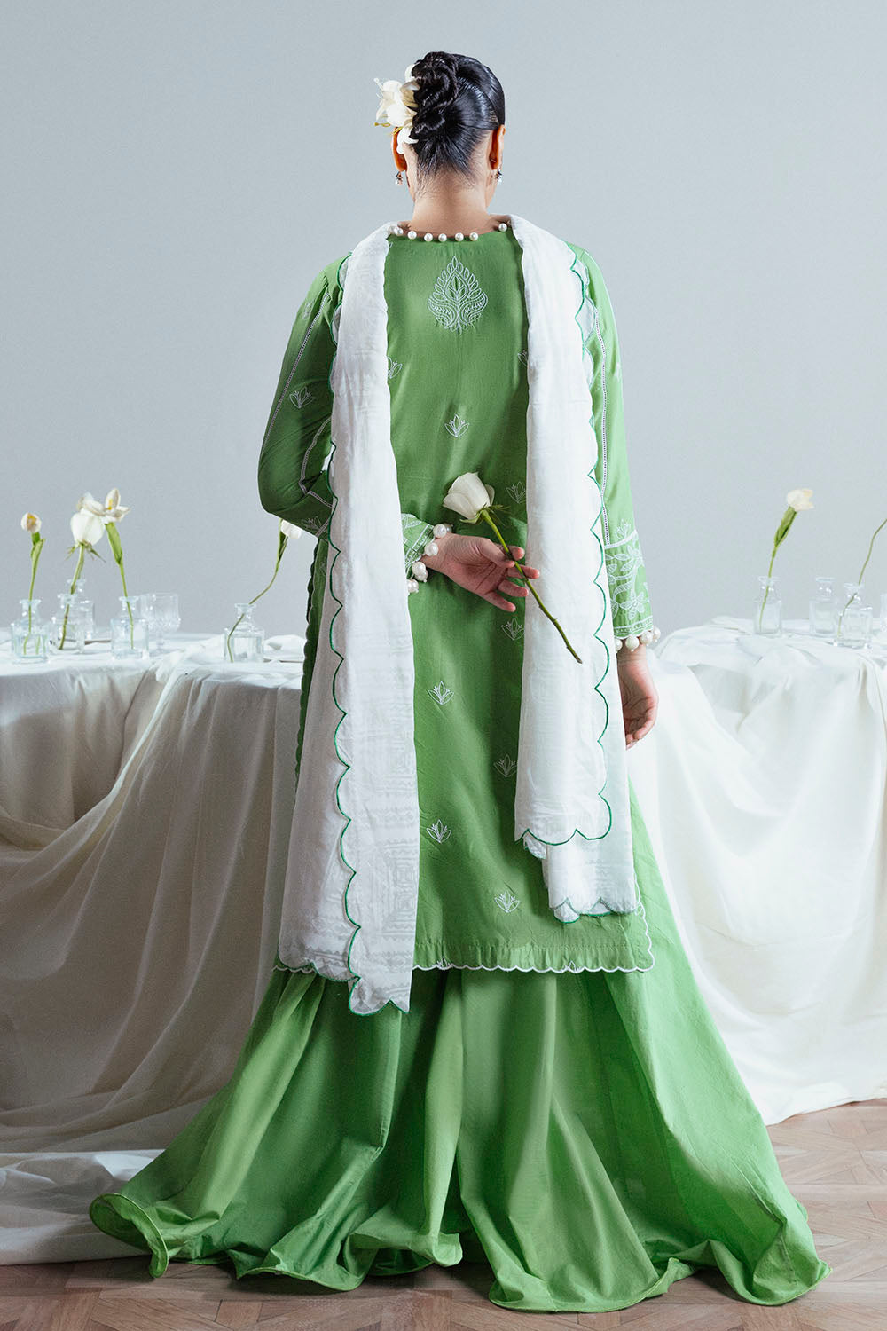 3 Piece Embroidered Lawn Suit With Neckline, Bunches And Silk Dupatta