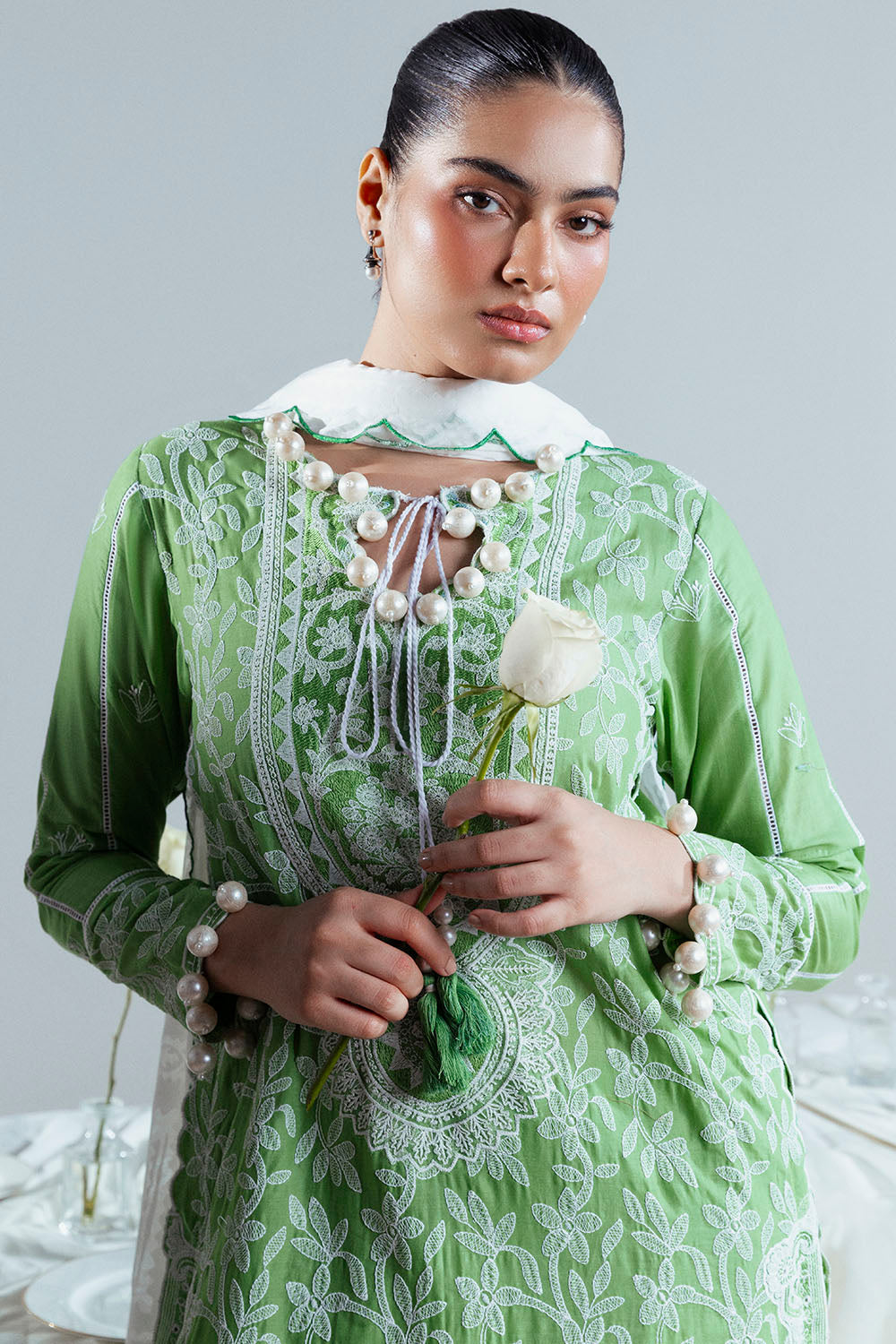 3 Piece Embroidered Lawn Suit With Neckline, Bunches And Silk Dupatta