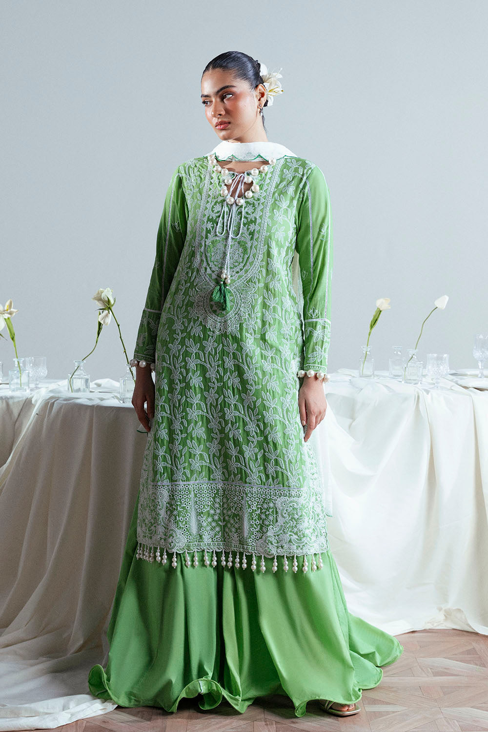 3 Piece Embroidered Lawn Suit With Neckline, Bunches And Silk Dupatta