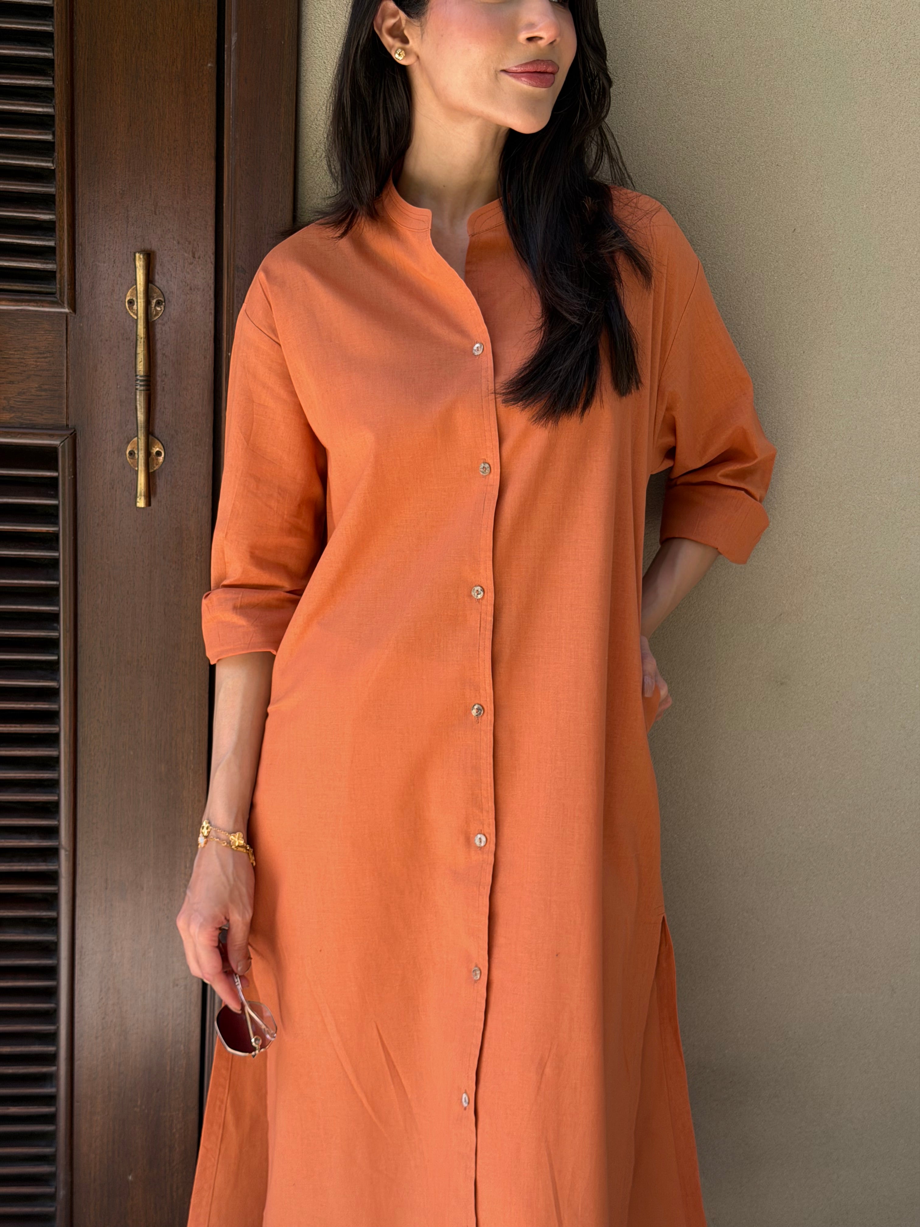 Oversized Linen Shirt Dress in Tangerine
