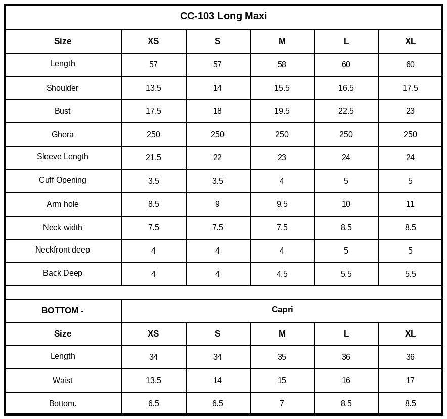 Size Chart (inches)