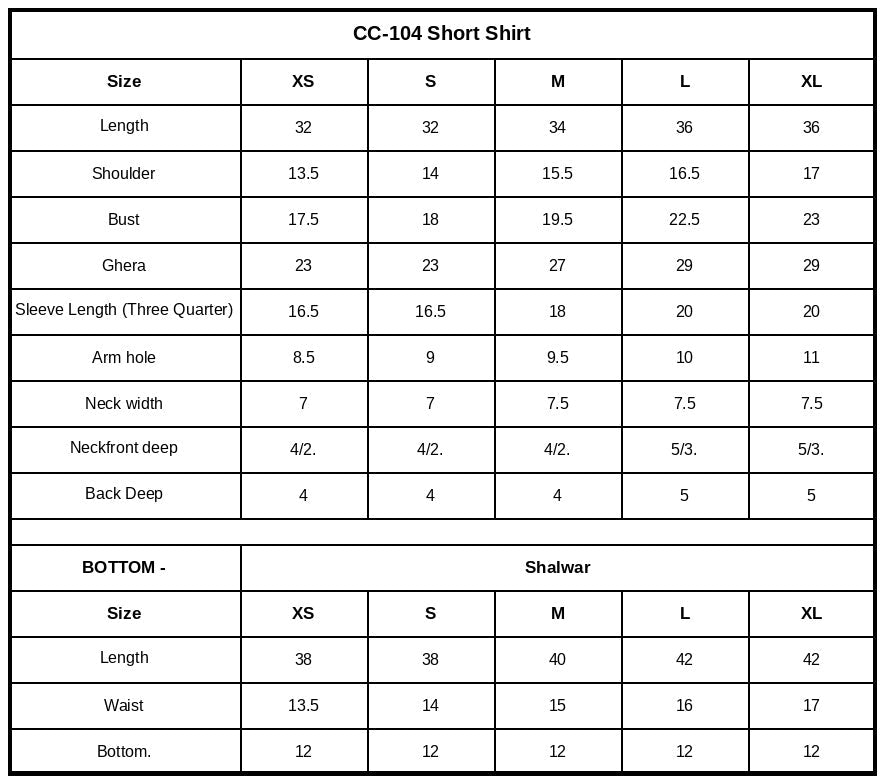 Size Chart (inches)