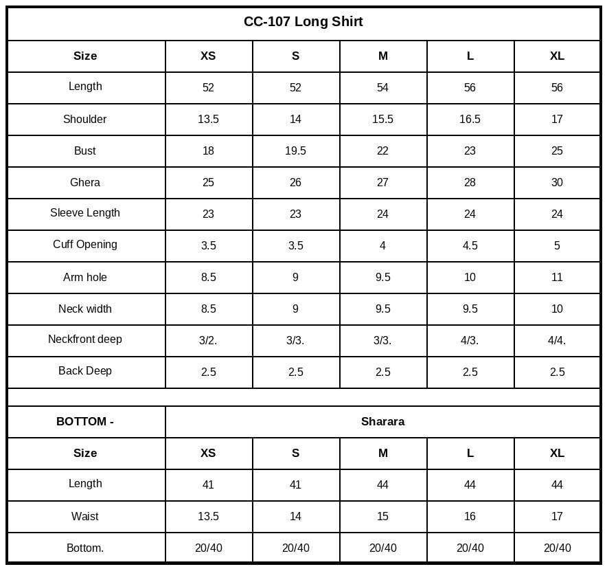 Size Chart (inches)