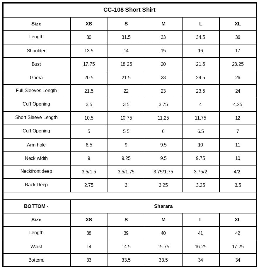 Size Chart (inches)