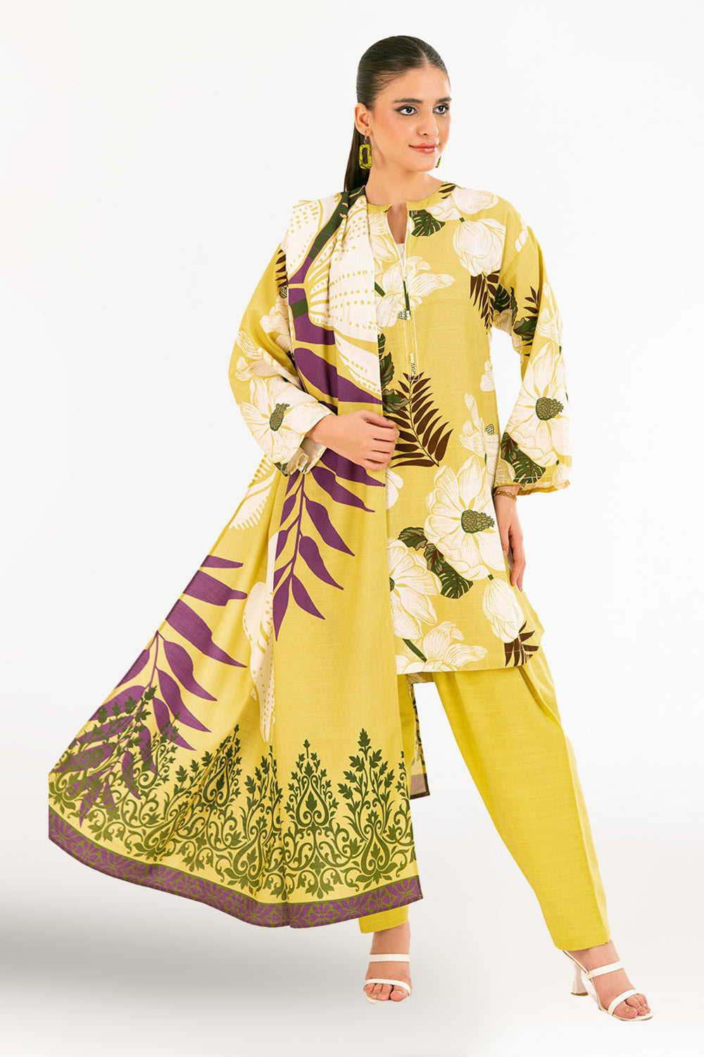 3 Piece Printed Corduroy Suit with Dupatta