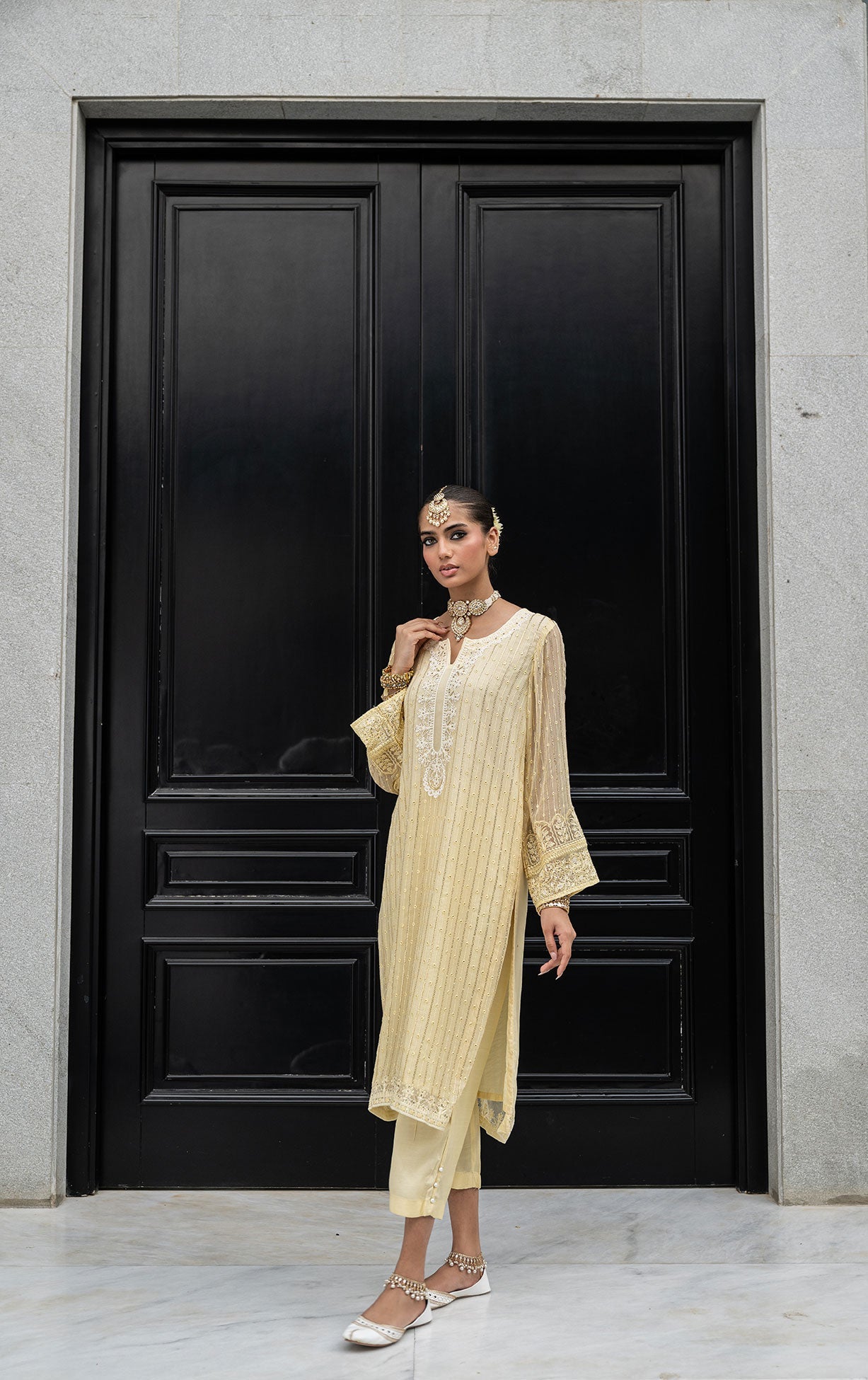 Ss24Da-2411 Lemon Yellow 2Pcs Embroidered Kurta With Trouser