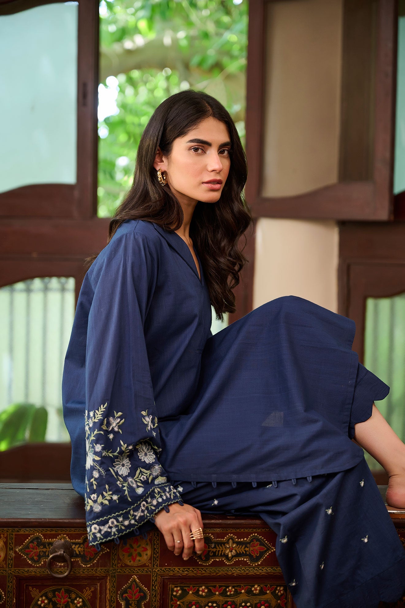 Ss24Dc-2328 Navy Blue 2Pcs Embroidered Kurta With Trouser