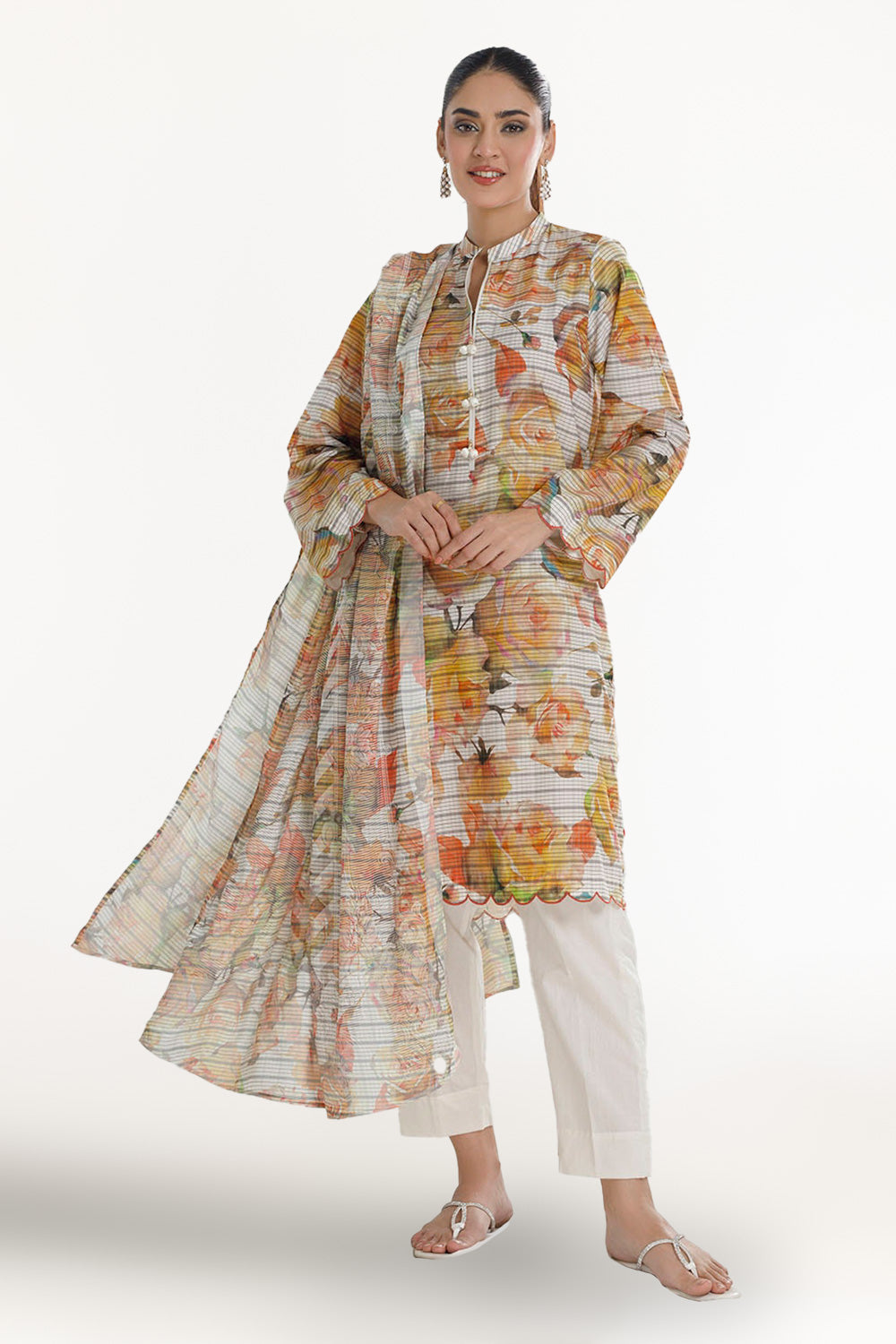 3 Piece Unstitched Cotton Silk Suit with Printed Burnout Blend Dupatta