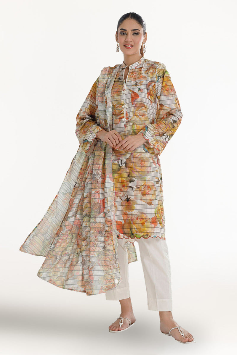 3 Piece Unstitched Cotton Silk Suit With Printed Burnout Blend Dupatta