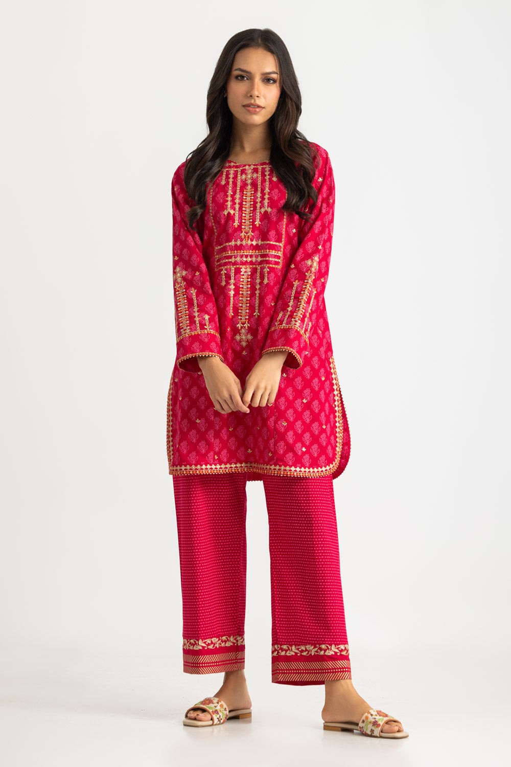 Cambric Block Printed Co-Ord Set With Embroidered