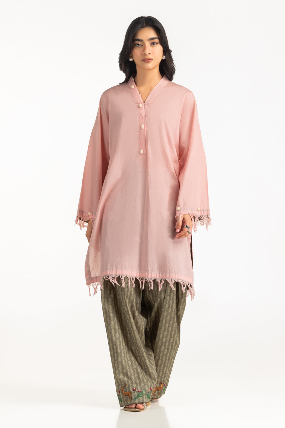 Cambric Dyed Shirt And Printed Shalwar With Embroidered