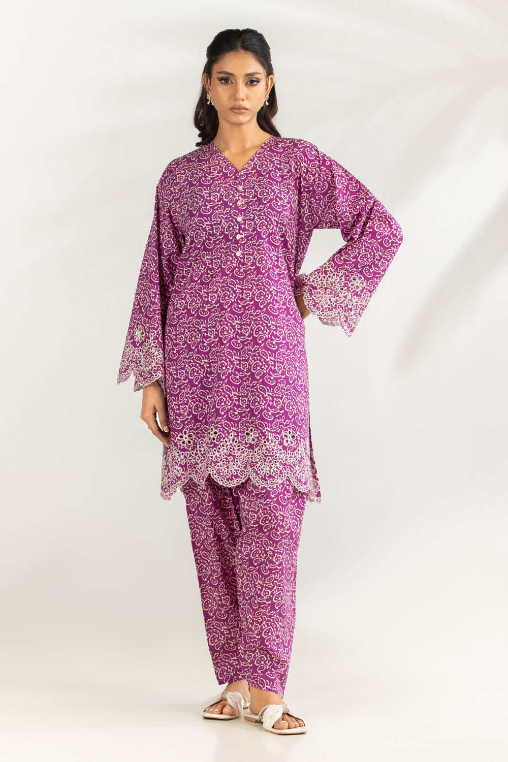 Cambric Printed Co-Ord Set With Embroidered