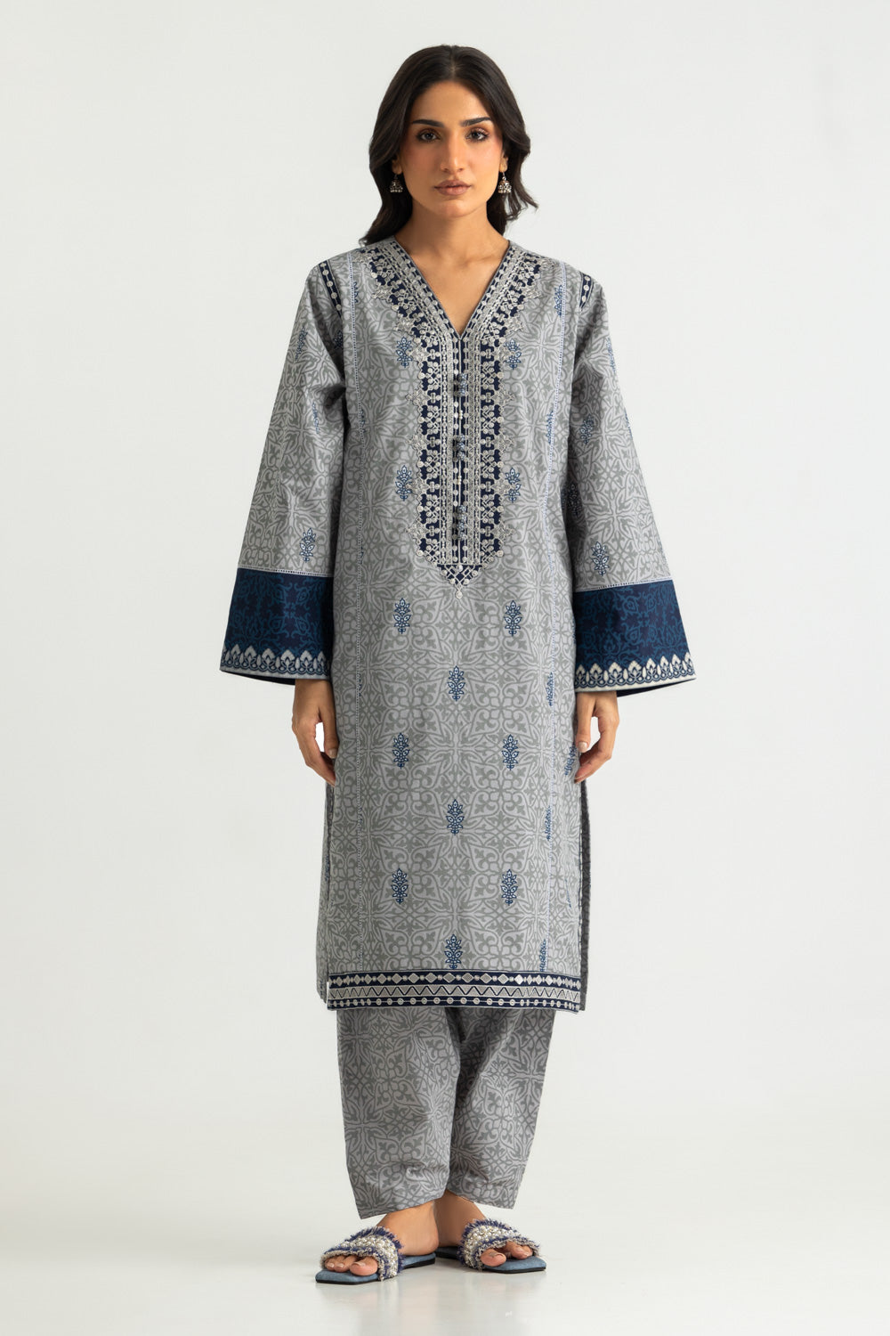 Cambric Printed Co-Ord Set With Embroidered