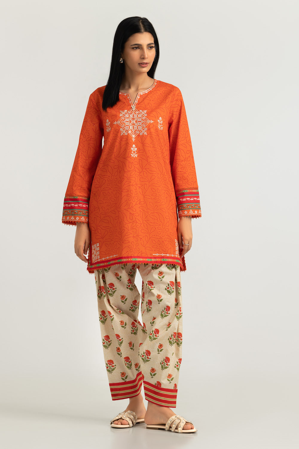 Cambric Printed Co-Ord Set With Embroidered