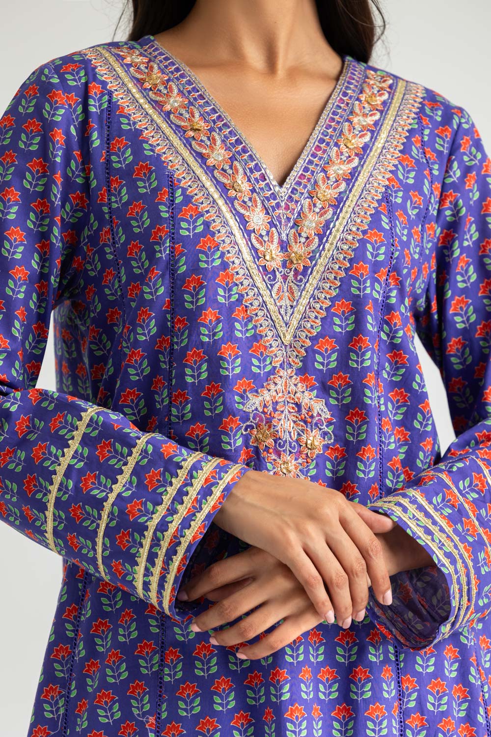 Cambric Printed Co-Ord Set With Embroidered