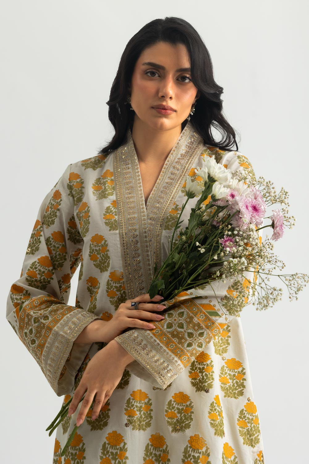Cambric Printed Shirt And Gharara With Embroidered