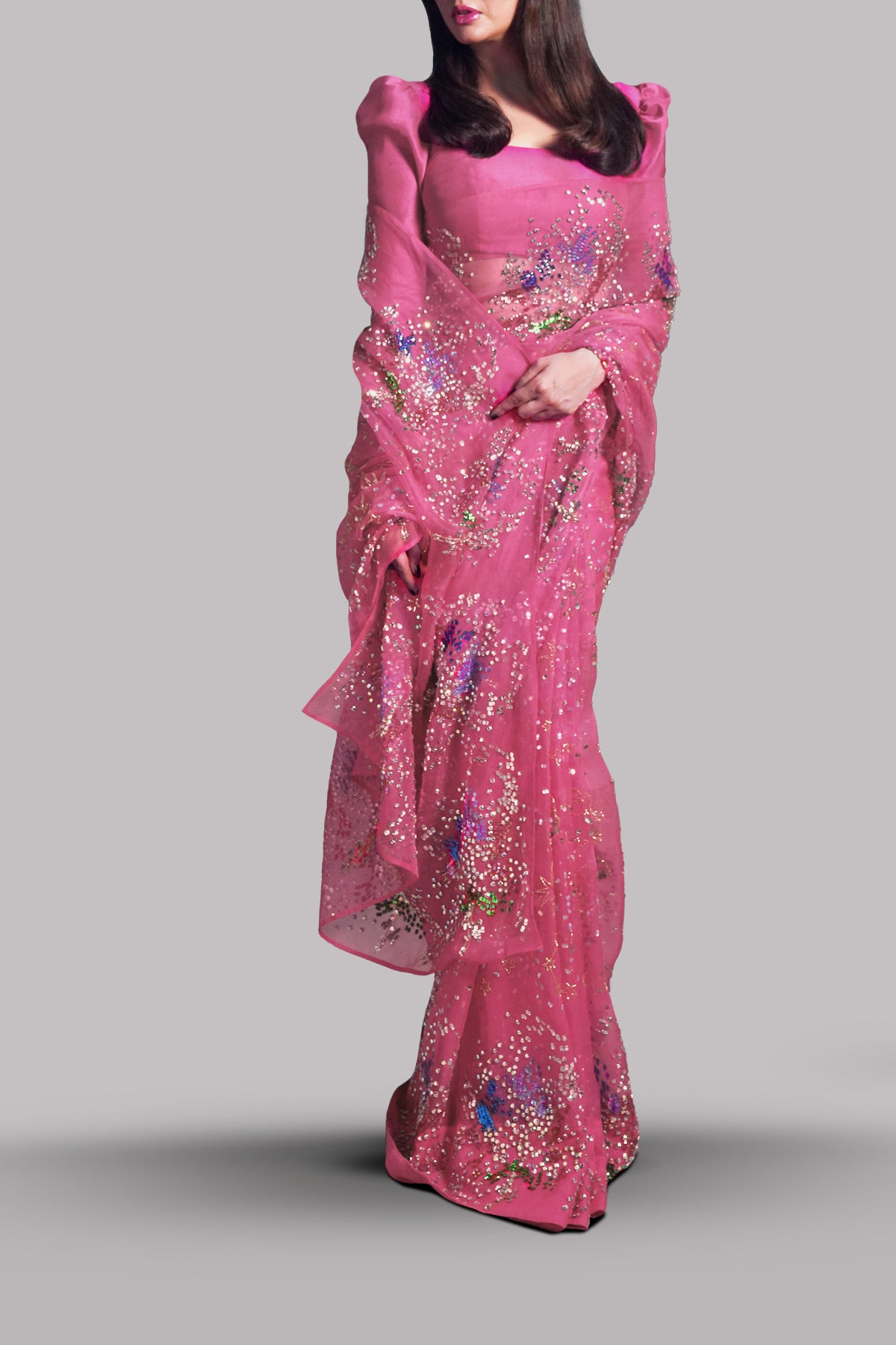 Camellia Pink Embellished Organza Sari