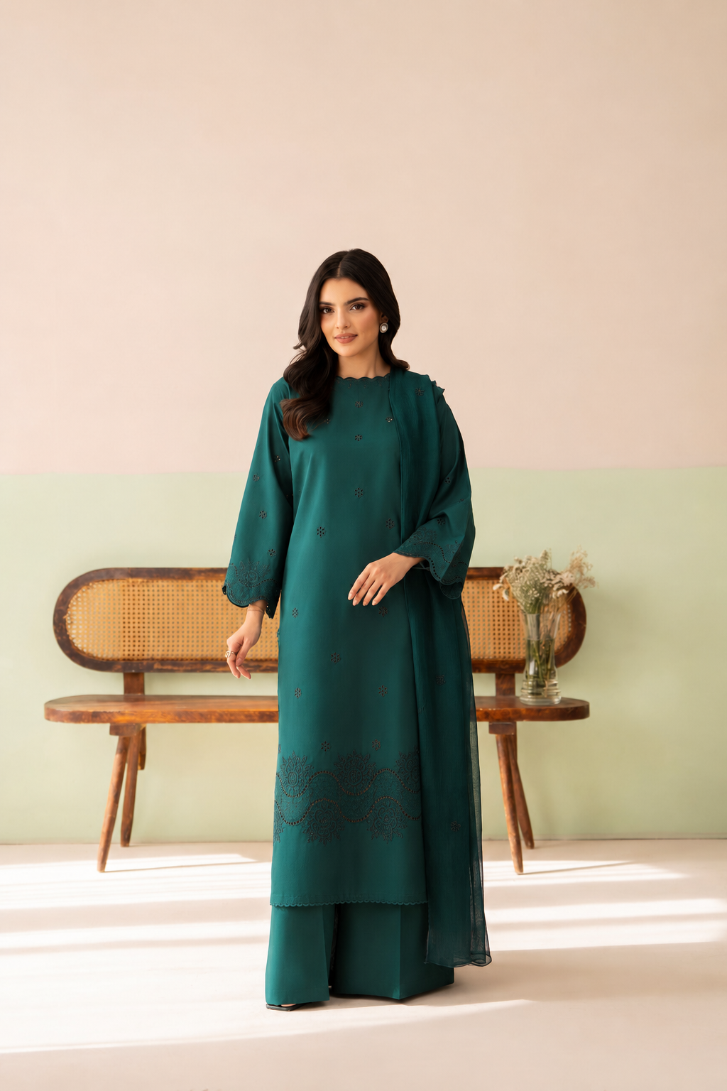 Teal Green Boring Embroidered Lawn Dress | 3 Piece Stitched