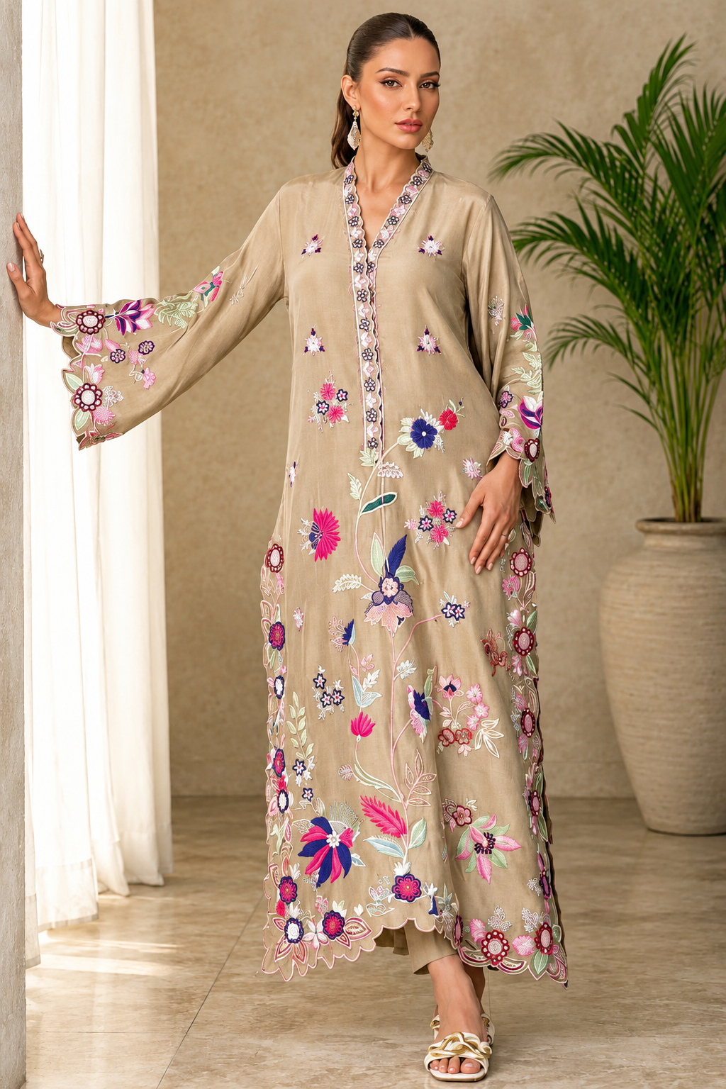 Poshkari Luxury Sheesha Silk Embroidered Unstitched 3PC Kaftan Suit PA-136