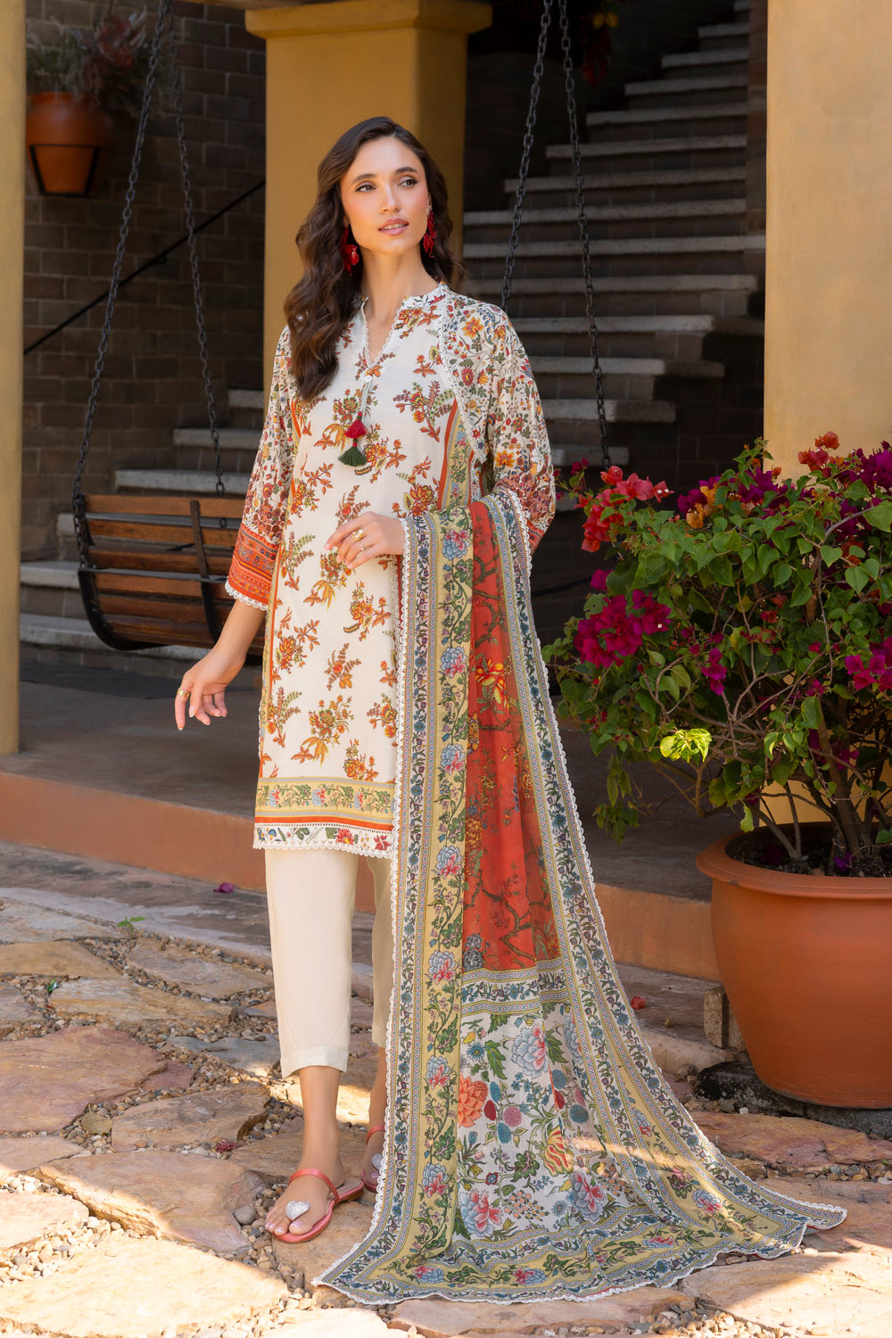 3 Piece Printed Lawn Suit With Chiffon Dupatta