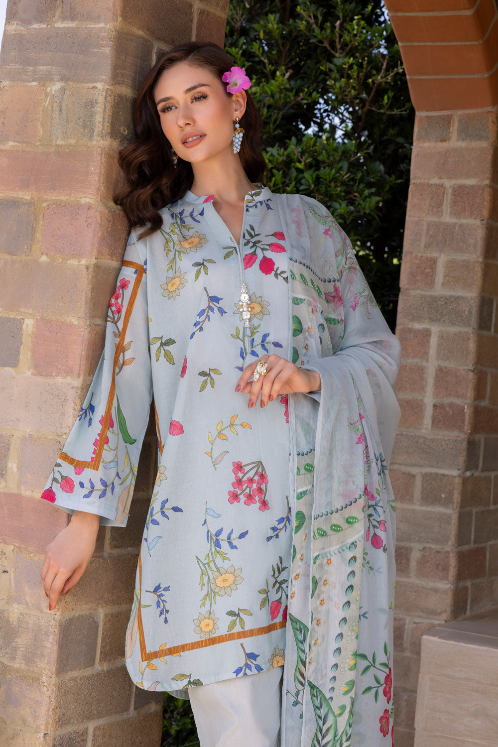 3 Piece Printed Lawn Suit With Chiffon Dupatta