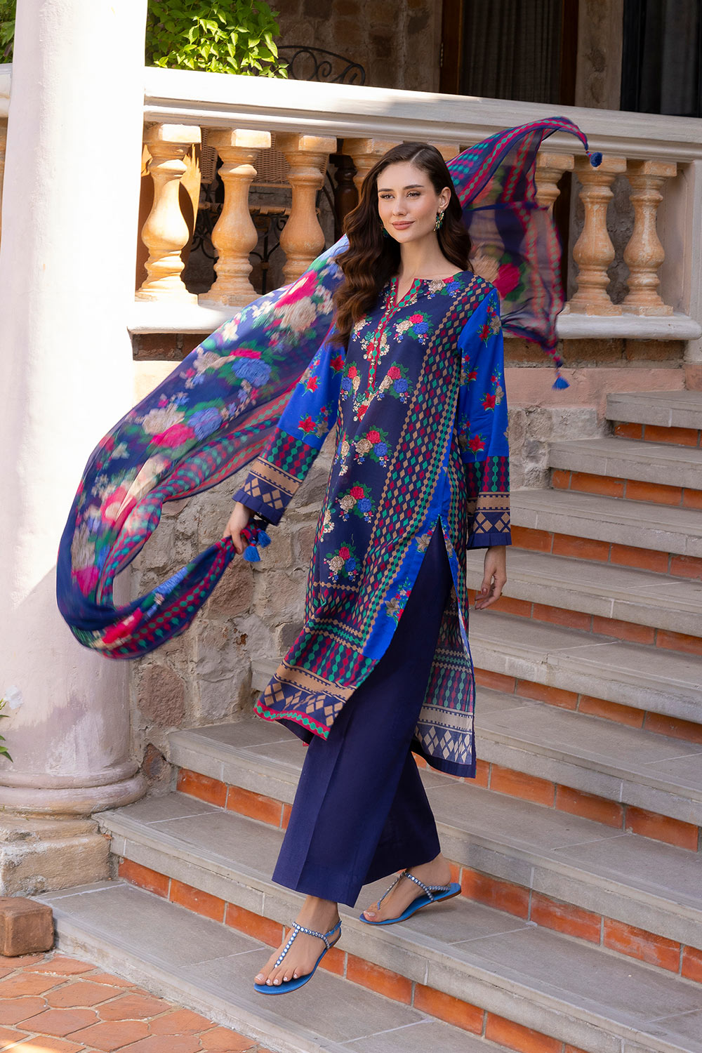 3 Piece Printed Lawn Suit With Chiffon Dupatta