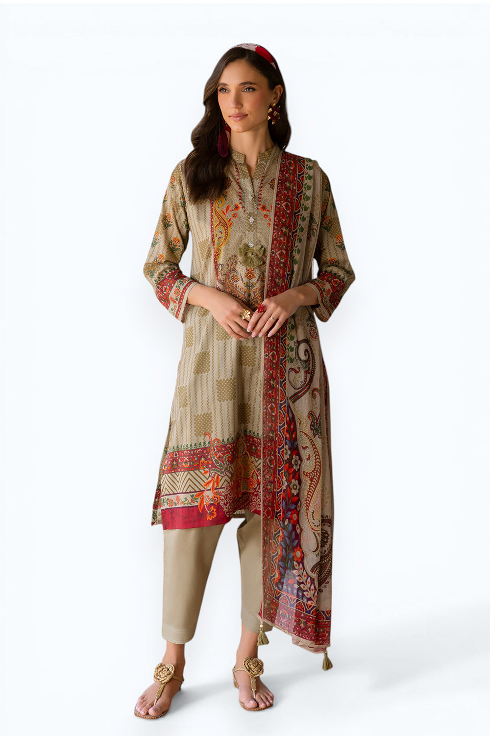 3 Piece Printed Lawn Suit With Chiffon Dupatta