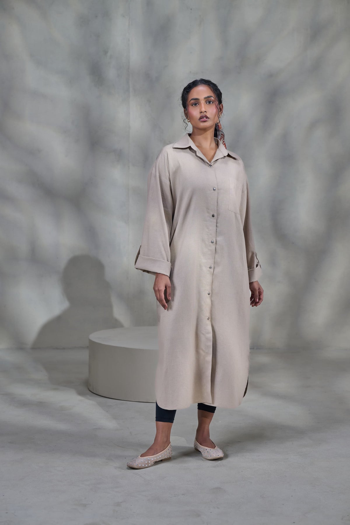 Beige Linen Front Open Dress