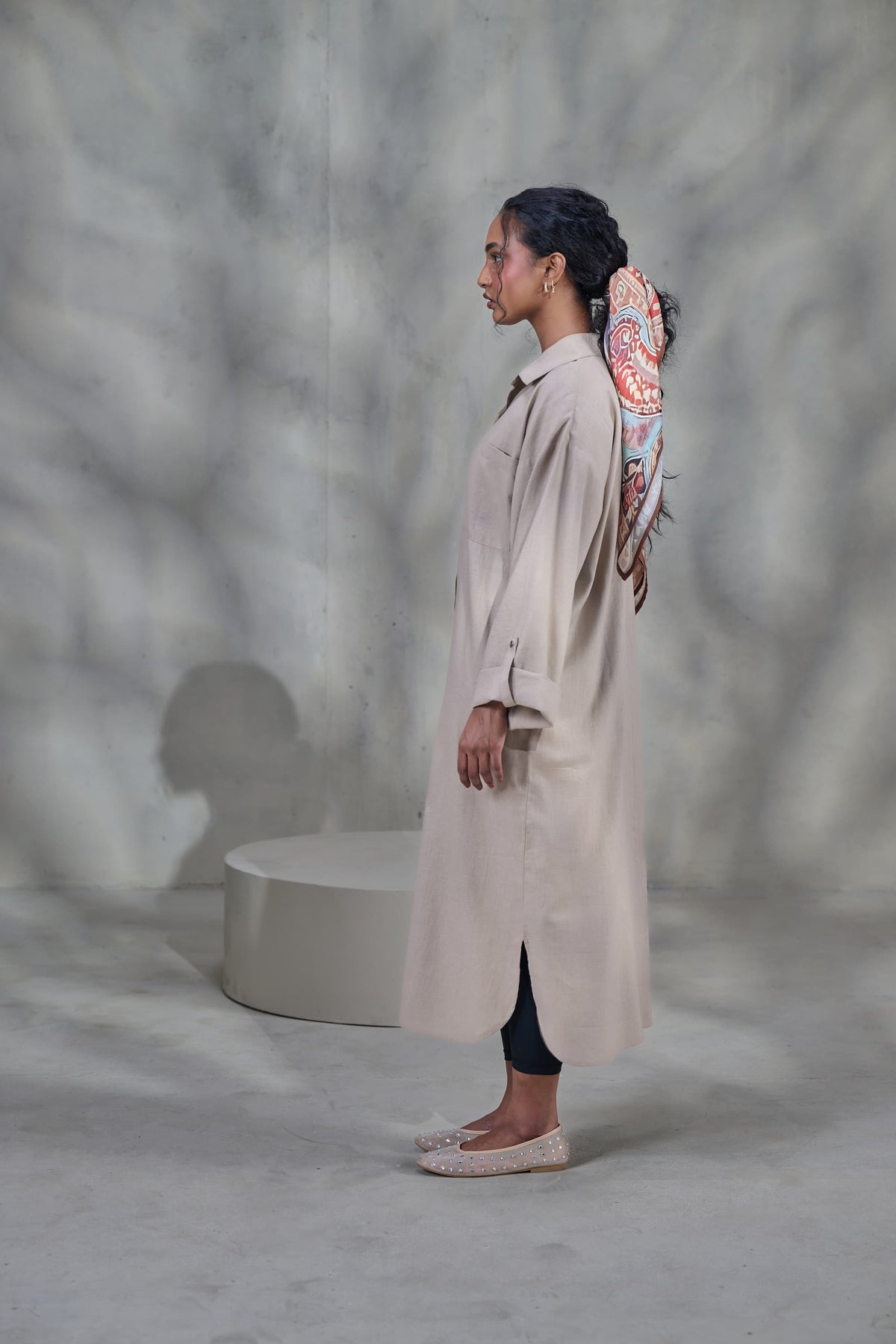 Beige Linen Front Open Dress