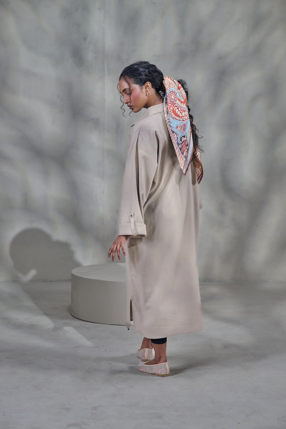 Beige Linen Front Open Dress
